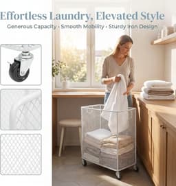 Verrijdbare Wasmand - Opbergmand Kleding - Kleding Sorteren - Met Remwielen - 43x23x45 cm - Wit — thumbnail 4