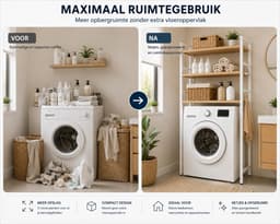 Wasmachine Opbergrek 3-Laags met Haken - Badkamer Organizer - Wasmachinekast - 65 x 26 x 160 cm - Wit Hout — thumbnail 4