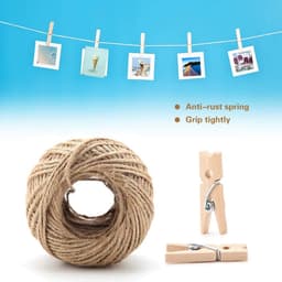 250Pcs Natural Wooden Clothespins Clip Peg with Roll 50 Meters Jute Twine Mini Clothespins Rope Photo Hanger Miniature Clothesline Clips Fil Pince and Bois for Instax Small Clothes — thumbnail 2