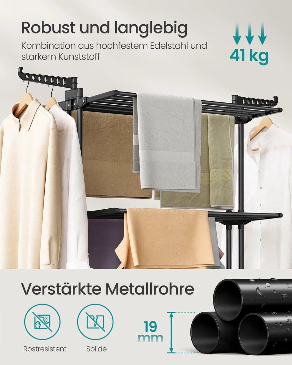 SONGMICS wasdroger- standaarddroger 4 niveaus- vleugelwasdroger- opvouwbare vleugels- met rollen- 63,5x125,5x173 cm, groot — afbeelding 1