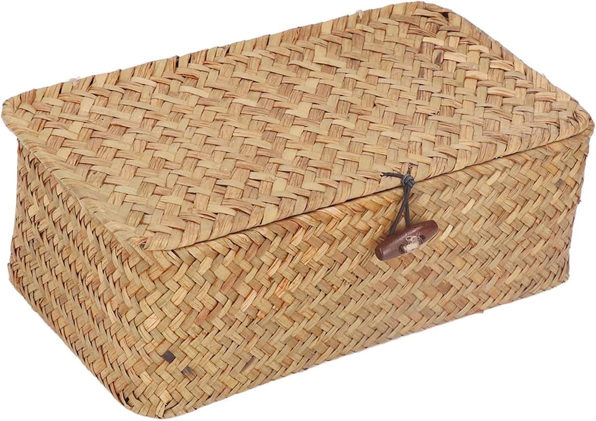 Handgeweven opbergmand van zeegras met deksel, rechthoekig, rieten mand voor organisatie in slaapkamer en woonkamer, ruime capaciteit, multifunctioneel en decoratief — afbeelding 1
