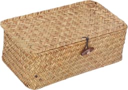 Handgeweven opbergmand van zeegras met deksel, rechthoekig, rieten mand voor organisatie in slaapkamer en woonkamer, ruime capaciteit, multifunctioneel en decoratief — thumbnail 1