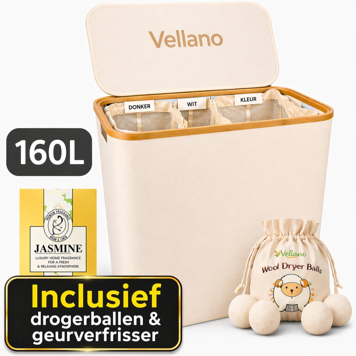 Vellano Wasmand 3 Vakken – Wassorteerder met Deksel – 160L – 3 Uitneembare Waszakken – Bamboe Frame – Incl. Drogerballen & Jasmijn Geurverfrisser — afbeelding 1
