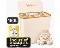Vellano Wasmand 3 Vakken – Wassorteerder met Deksel – 160L – 3 Uitneembare Waszakken – Bamboe Frame – Incl. Drogerballen & Jasmijn Geurverfrisser