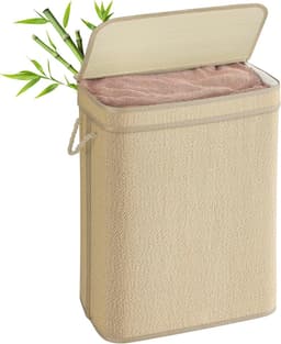 SONGMICS Bamboe wasmand, 90 liter, afneembare en machinewasbare waszak, met deksel, handgrepen, voor wasruimte, slaapkamer, woonkamer, natuurlijk LCB067Y01 — thumbnail 1