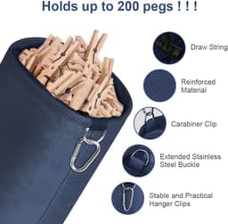 Wasknijper Zak Opbergzak - Grote Capaciteit 150-200 Knijpers - Duurzaam Oxford Polyester - Met Haak & Trekkoord - Voor Wasrek & Buiten Gebruik - Knijperhouder, Peg Bag, Wasaccessoire — thumbnail 2