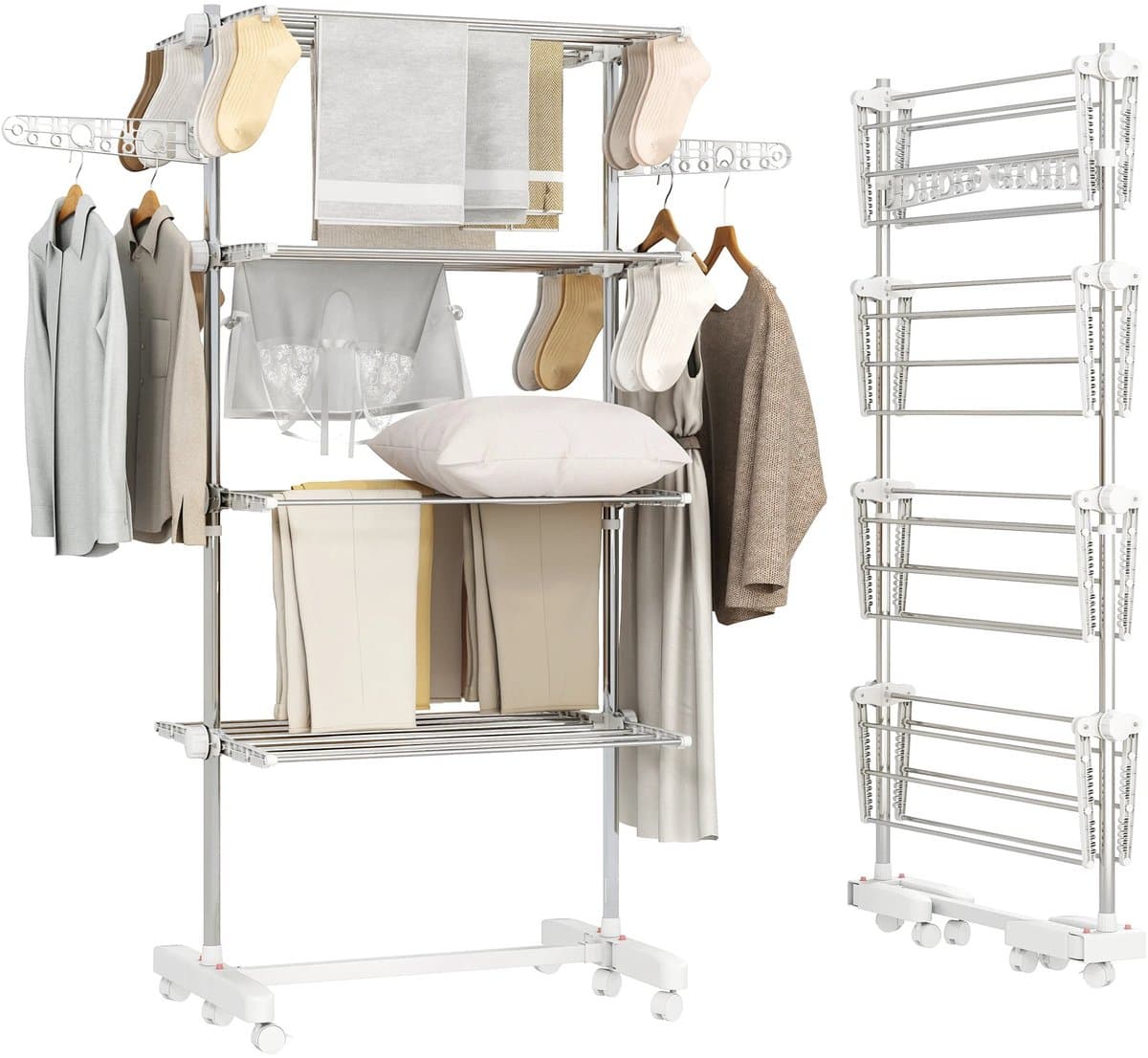 Scaleunion Opvouwbaar Droogrek met 4 Niveaus – Verrijdbaar Wasrek met 6 Wielen – RVS Droogtoren met Verstelbare Planken – 80-142 x 55 x 172 cm — afbeelding 1