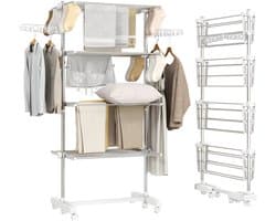 Scaleunion Opvouwbaar Droogrek met 4 Niveaus – Verrijdbaar Wasrek met 6 Wielen – RVS Droogtoren met Verstelbare Planken – 80-142 x 55 x 172 cm