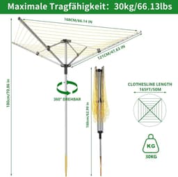 Waslijn Droogmolen - Buiten Droogrek - Kleding Drogen - 50 Meter Waslijn - 180 cm Hoog - Zilver Grijs — thumbnail 5
