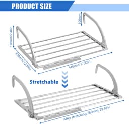 Dailygoods- Wasrek Uittrekbaar - Opvouwbaar Droogrek - Balkonrek - Wanddroogrek - Geschikt voor Binnen/Buiten - Roestvrij Staal 44-76 cm — thumbnail 5