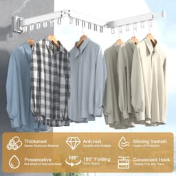 Webzon – Uitschuifbaar Wanddroogrek – Opvouwbaar Kledingrek voor Muur – 124 cm – 18 Haken – Ruimtebesparend Wasrek – Voor Balkon, Badkamer, Wasruimte en Slaapkamer – Wit — thumbnail 2