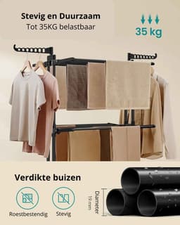 Casa Living Kledingdroger - 4-Laags Kledingrek Met Wielen - Opvouwbaar Design - Grote Capaciteit tot 35KG - 64x75x170CM - Zwart — thumbnail 3