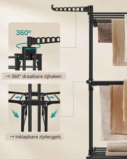 Casa Living Kledingdroger - 4-Laags Kledingrek Met Wielen - Opvouwbaar Design - Grote Capaciteit tot 35KG - 64x75x170CM - Zwart — thumbnail 2