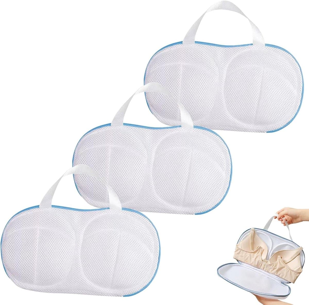 Set van 3 blauwe waszakken voor bh's met ritssluiting en handvatten, 3D-beschermbeugels, vormvast, geschikt voor de wasmachine en opslag (afmetingen: 32,4 x 18,3 cm). — afbeelding 1