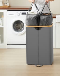 SONGMICS - Wasmand - Wasmand met 2 Vakken - 150 Liter - Uitneembare Waszakken - Met Deksel — thumbnail 3