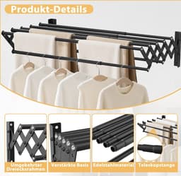 Uitschuifbaar Wand Droogrek RVS Zwart | Wanddroogrek met 7 Stangen | Telescopisch 12–36 cm | Ruimtebesparend Wasrek | Draagkracht 25 kg | Ideaal voor Badkamer, Balkon & Wasruimte — thumbnail 4
