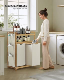 SONGMICS - Wasmand - Wasmand met 2 Compartimenten - Bamboe - Met Plank en Zijvakken — thumbnail 3