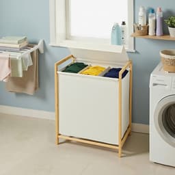 SONGMICS RLH103WD01 - Wasmand met 3 Vakken - Bamboe Frame - Afneembare en Versterkte Deksel - 150L Inhoud — thumbnail 4