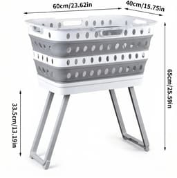 Opvouwbare Wasmand met Onderstel XL - 65L - Vrijstaande Wasmand - Ruimtebesparend - Grijs/Wit - Wasmand — thumbnail 3
