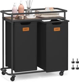 Wasmand op wielen - Wassorteerder met plank - Wasgoed sorteren - Drie ruime compartimenten - 150 liter capaciteit - Inktzwart-kastanjebruin — thumbnail 2