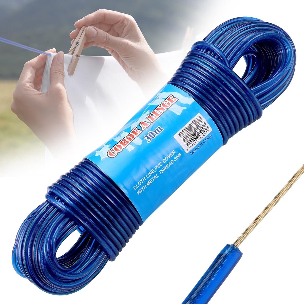 Dailygoods- Waslijn 30 Meter - Zware Kledinglijn met Stalen Kern - Roestvrij en Waterdicht - Sterke Draad 4 mm - Duurzaam en Geschikt voor Buiten — afbeelding 1