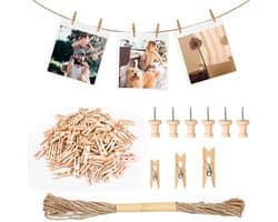 Dailygoods- Wasknijpers Houten - 160 Stuks - Kleine Clips 2.5/3/3.5cm - Jute Touw 10m - Spijkers - Creatieve Decoratie - Fotoclips