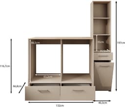 Trendmeubel - Wasmachine droger ombouw en kast met wasmand- 132 cm - Beige — thumbnail 3