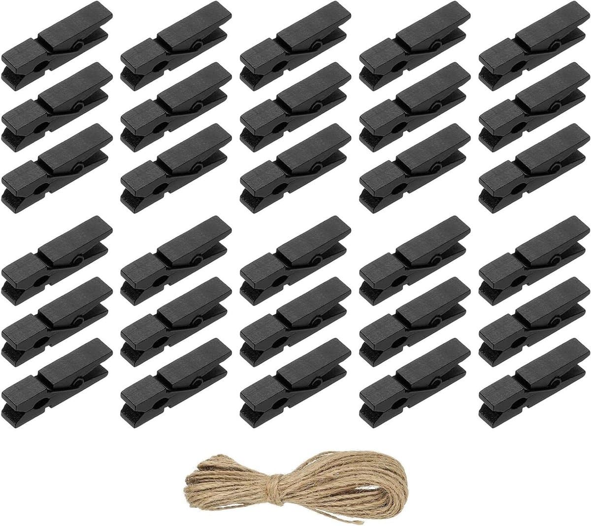 Houten knijpers - Kleurrijke clips - Foto's ophangen - Met jute koord - 50 stuks - Zwart — afbeelding 1