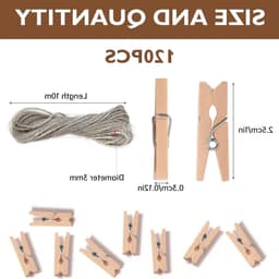 Houten knijpers 120 stuks 2.5 x 0.3 cm met 10 m touw, kleine clips voor foto's, kaarten en feestdecoraties — thumbnail 5