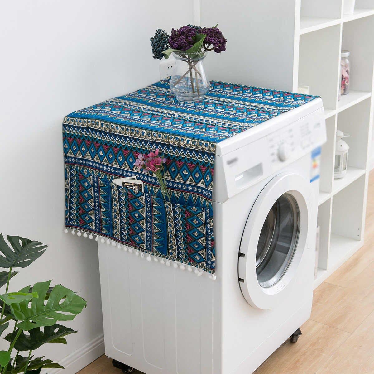 Stofhoes voor de wasmachine, wasmachinehoes met zijvakken, katoen-linnenstof in bohemian stijl, ook geschikt voor koelkasten en drogers (blauw, 70 x 170 cm). — afbeelding 1