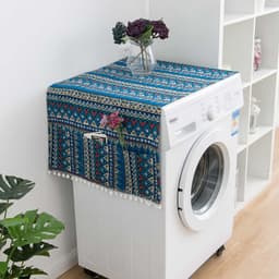 Stofhoes voor de wasmachine, wasmachinehoes met zijvakken, katoen-linnenstof in bohemian stijl, ook geschikt voor koelkasten en drogers (blauw, 70 x 170 cm). — thumbnail 1