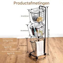 Wasmand 3-Laags op Wielen 122x31x25 cm - Wassorteerder voor Badkamer & Wasruimte — thumbnail 5