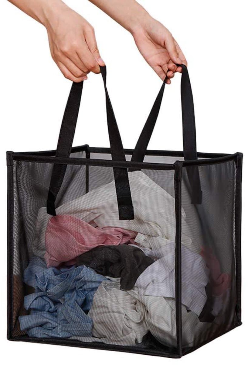 Opvouwbare Wasmand - Ademende Mesh Stof - Inklapbaar Lichtgewicht Waszak - Voor Badkamer, Slaapkamer, Studentenhuis - 33x33 cm - Zwart — afbeelding 1