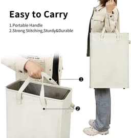 Smalle, opvouwbare wasmand met één compartiment van Oxford-stof - Wasmand - Opbergmand voor vuile was - Wasmand met handvat - 45 liter - Beige — thumbnail 3