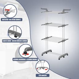Vouwbare droogtoren met wielen, ruimtebesparende staande droogrek met 6 vleugels en 2 zijvleugels voor binnen en buiten gebruik, grijs en multifunctioneel — thumbnail 5