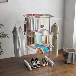 Stendino Verticale Pieghevole in Acciaio e Plastica con 6 Ruote en 3 Ripiani Regolabili, 142x55x172 cm — thumbnail 3