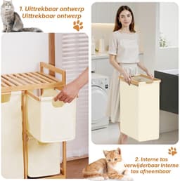REN® Wasmand 3 Vakken - Wasmand - Wassorteerder - Wasmand Met Deksel - Beige - 42cm x 81cm x 77cm — thumbnail 4