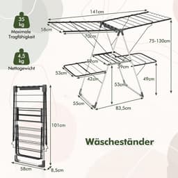 Wasdroger Toren - Droogrek - Ruimtebesparend Drogen - Inklapbaar En Verstelbaar - 141 x 58 x 130 cm - Zilver Grijs — thumbnail 5
