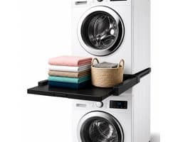 Tussenstuk voor Wasmachine & Droger - Extra stevig - Stapelkit - Met uitschuifbare plank - Universeel - Droogkast - Meubel - incl. trildempers en spanband - Skoov — afbeelding 1