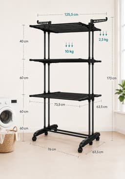 Jurrys Wasdroger - Droogrek - Standaard droger - Kleding droogrek - 4 niveaus - Multifunctioneel - Zwart - 63,5x125,5x173 cm — thumbnail 3