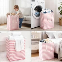 Vouwbare Wasmand met Roze Strepen en 2 Ritsopbergzakken, Ideaal voor Slaapkamer en Badkamer, Ruime Wasverzamelaar voor Studentenhuizen — thumbnail 4