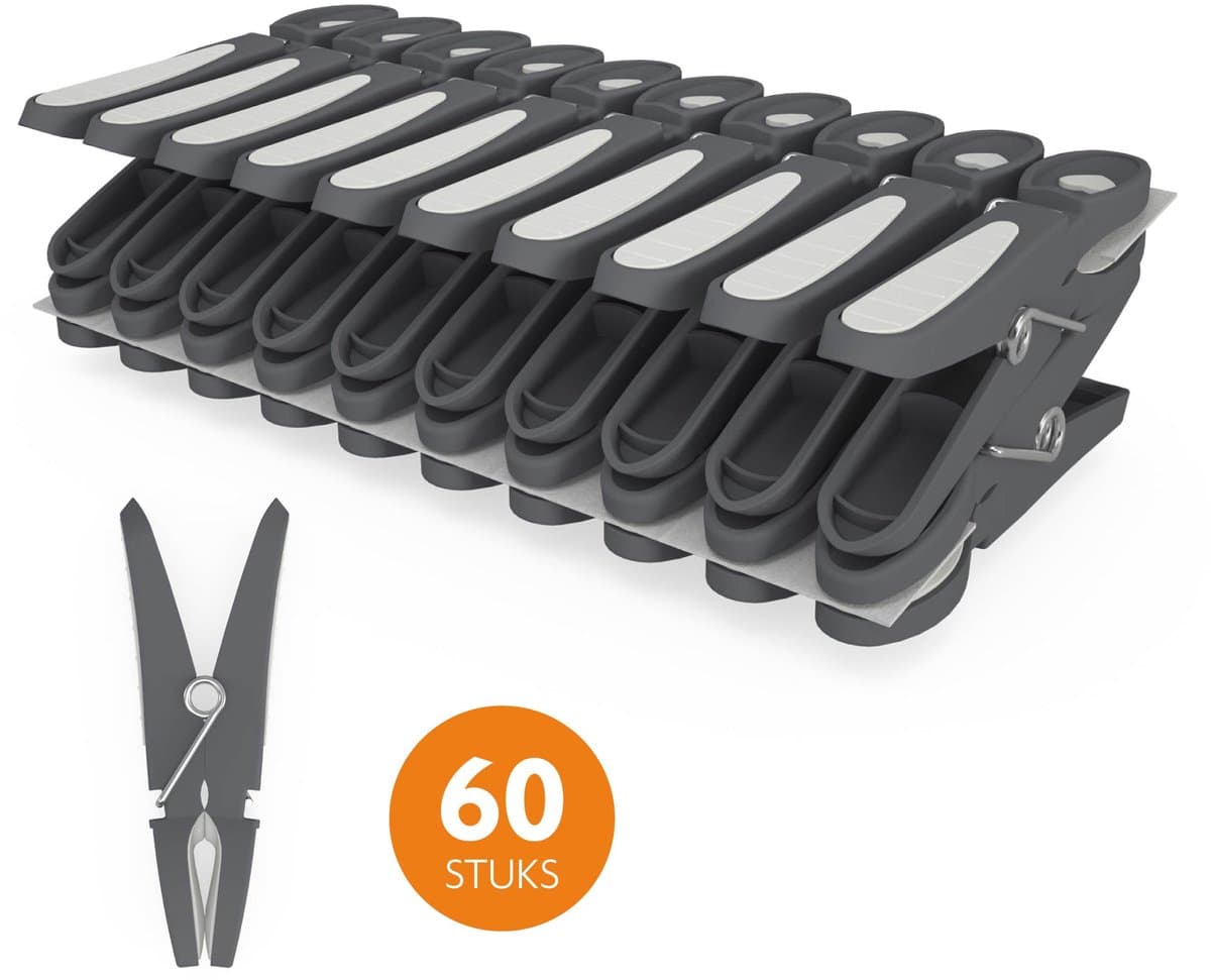 LaundrySpecialist Wasknijpers soft grip - Grijs/wit - 60 stuks - extra lang en stevig - wasknijpers plastic - wasknijpers kunststof - gekleurde knijpers — afbeelding 1