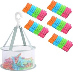 Wasknijpers met mand - Kledingklemmen droogrek - Was ophangen buiten - Winddicht ontwerp - 60 stuks - Kleurrijk — thumbnail 1
