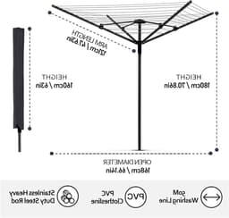 Vouwbare 4-armige 50m droogtoren, verstelbare droogrek met hoes en waslijnspike voor buitengebruik in de tuin, ideaal voor het drogen van kleding en linnengoed — thumbnail 3