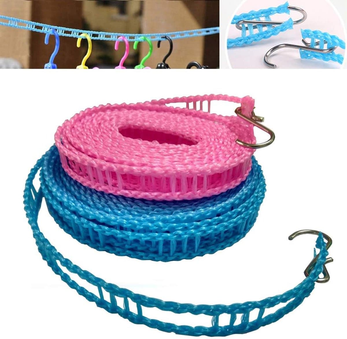 Set van 2 nylon waslijnen, winddichte waslijnen, reiswaslijnen, draagbare waslijnen, geschikt voor binnen- en buitengebruik tijdens kamperen, thuis en in hotels (2 stuks, blauw 5m + roze 3m). — afbeelding 1