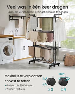 Allero Wasrek - Droogrek - Wasrek Inklapbaar - Zwart - Draagvermogen 41 KG - Inclusief Wieltjes - 4 Niveaus - Droogtoren — thumbnail 4