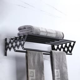 Wandgemonteerd wasrek, uitschuifbaar, gemaakt van roestvrij staal met 7 stangen, ruimtebesparend en compact, draagvermogen 25 kg, zwart — thumbnail 1