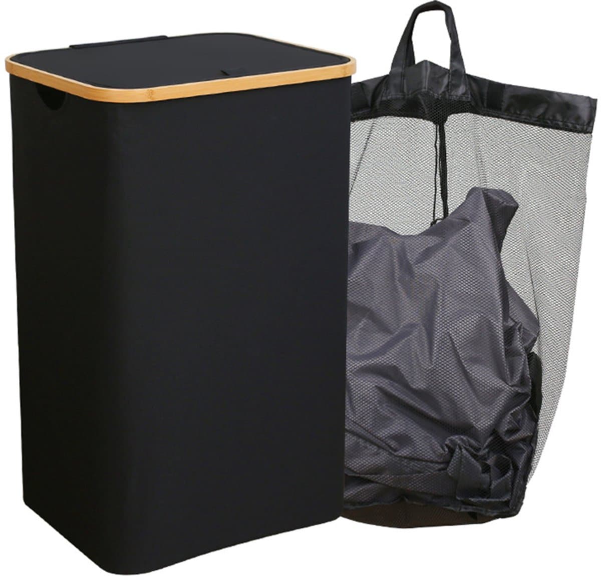 Wasmand - Met uitneembare zakken - Mesh Waszakken - Klittenband - 40.5*33*65cm - Waszak - Waszakken - Wasmanden - Wassorteerder - Opvouwbaar - Zwart — afbeelding 1