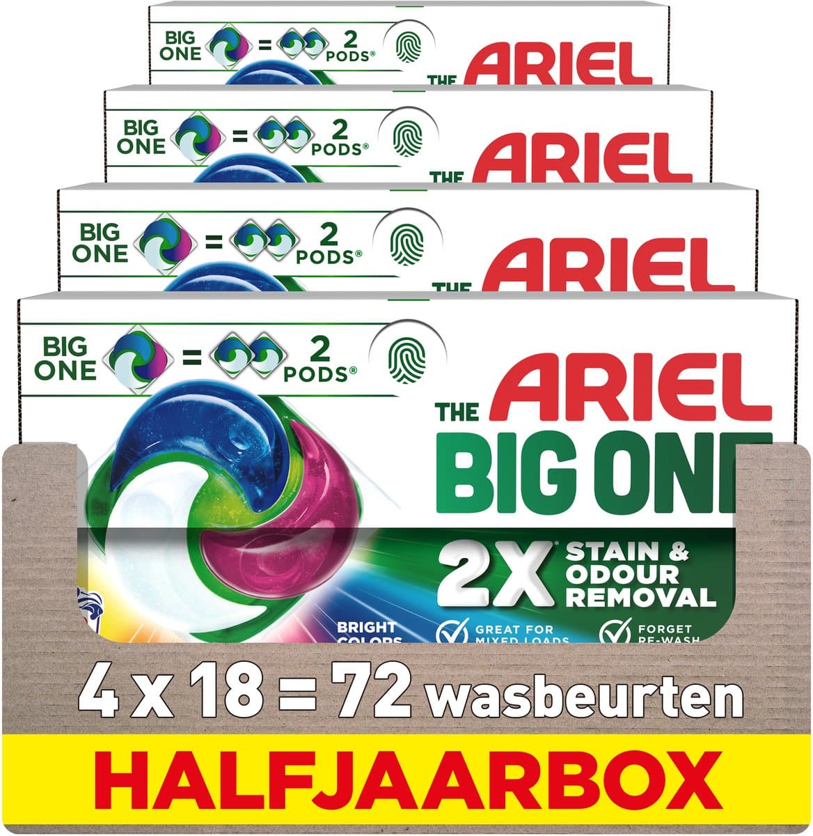 Ariel The Big One Wasmiddel Pods Stralende Kleuren - 4 x 18 Wasbeurten - 1 Big One = 2 reguliere Ariel Pods — afbeelding 1