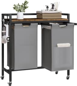 J&R Wasmand kastje - Wasmand met 2 vakken - Wassorteerder - Wasmand tafel - Waszak - Badkamerkast - Wasmand meubel - Wasmand rek - Dark brown - Zwart metaal — thumbnail 2